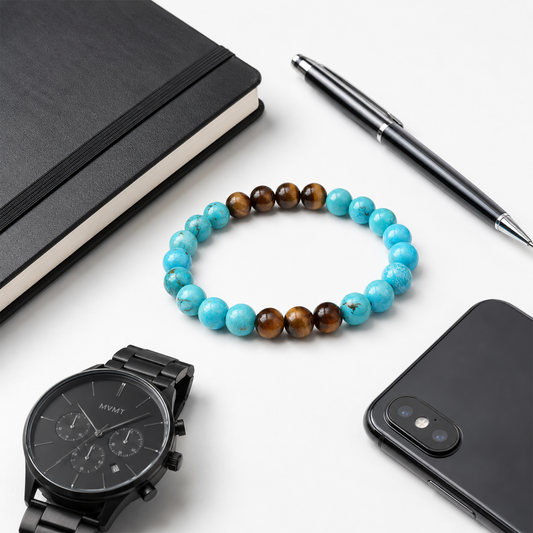 Strength & Motivation Bracelet for Men & Women | Natural Tiger Eye & Blue Turquoise Beaded Bracelet | Confidence, Courage, Focus & Positive Energy | Stylish Healing Crystal Bracelet Gift