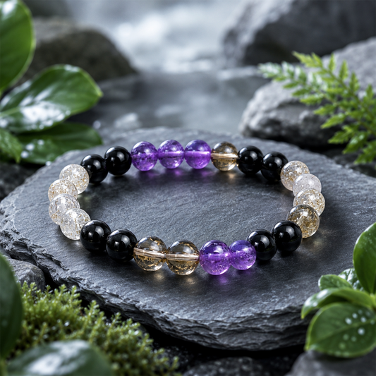Transformation & Protection Crystal Bracelet for Men & Women | Amethyst, Black Obsidian & Citrine-Inspired Natural Stone Beads | Positive Energy, Inner Strength & Spiritual Protection | Stretchable Unisex Bracelet