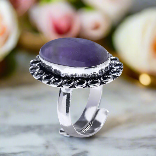 REBUY Amethyst Stone Silver Ring for Men & Women | Natural Healing Crystal Gemstone Promotes Emotional Balance, Enhances Creativity, Good Luck & Good Health, Peaceful Energy | Purple