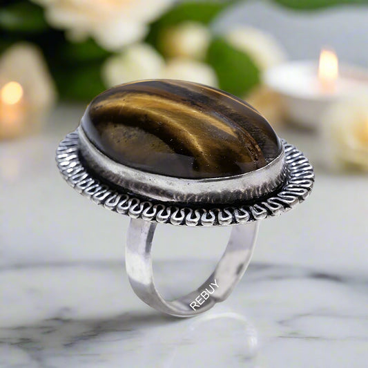 REBUY Tiger Eye Stone Adjustable Ring for Men & Women | Natural Healing Gemstone Elegant Flower Design Crystal Premium Quality Metal Stylish Modern Jewelry |Helps Focus & Increase Motivation, Good Luck & Self-Confidence | Pack Of 1