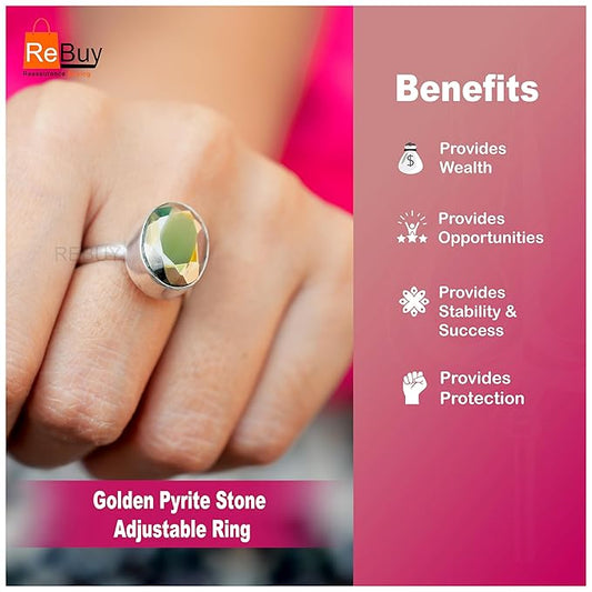 REBUY Pyrite Stone Ring for Men & Women | Natural Healing Crystal Gemstone Help To Provide Confidence, Creativity, Peacefull Energey