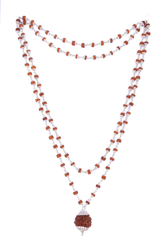 5 Mukhi Shades of Brown 108+1 Natural 5-6mm Beads Silver Plated Rudraksha Mala for men and women BY REBUY