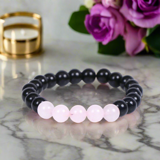 Rose Quartz with Black Tourmaline Gemstone Bracelet 8 mm Beads for Men & Women Natural Healing Stone BY REBUY
