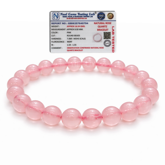 Rose Quartz Stone Brcaelet Lab Certificate 8mm Bracelet for Men & Women Natural Healing Gemstone BY REBUY