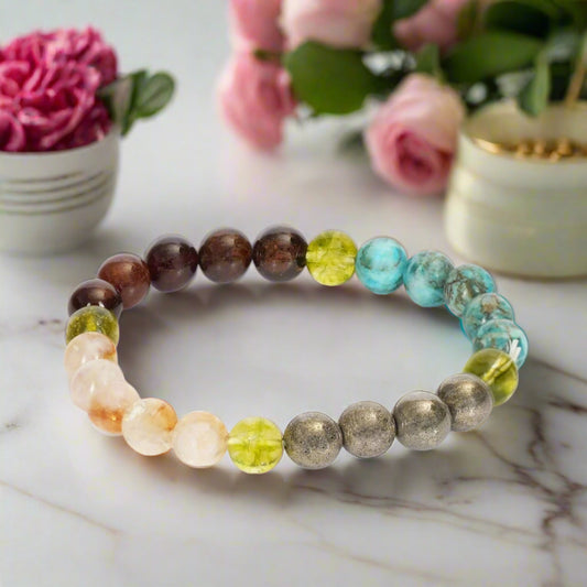 Vypaar Vriddhi Citrine, Pyrite, Turquoise, Hessonite & Peridot Stone Bracelet 8mm Natural Healing Gemstone BY REBUY