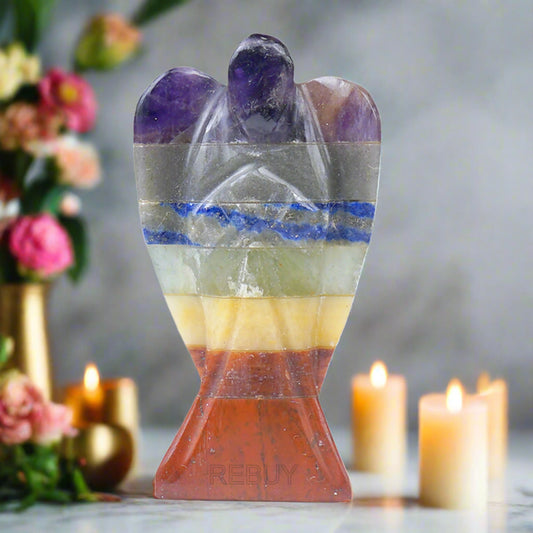 REBUY Seven Chakra Stone Angel | Natural Chakras  Healing Gemstone Crystal for Chakra Alignment for Holistic Well-being, Spiritual Balance,  Meditation and Energy Work, Vastu Placement, Home Office Decor | 2 Inch