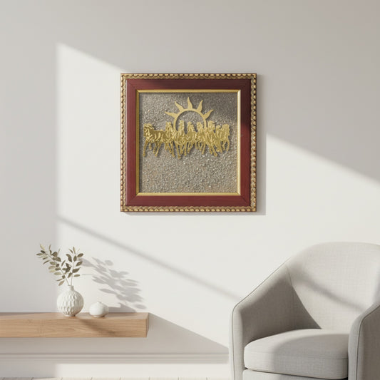 Pyrite 7 Horses Pyrite Stone Frame | Natural Original Crystal Healing Seven Running Horses Frame for Attract Money, Vastu, Brings Success in Business Wall Decor Frame - Home Office Living Room BY REBUY
