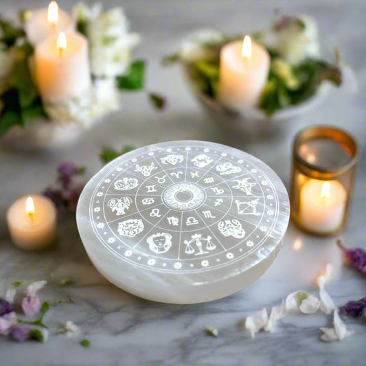 Selenite Crystal Charging Plate with Chakra Symbol | 3-Inch Round Selenite Plate Disc for Reiki Healing, Meditation, Vastu, Chakra Balancing, Spiritual Connection, Crystal Cleansing | Pack of 1, REBUY