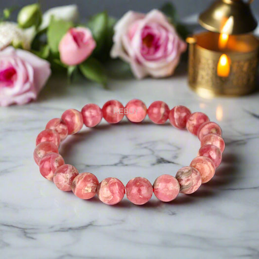 Rhodochrosite Stone Bracelet for Men & Women Lab Certified, 9mm Round Beads By REBUY